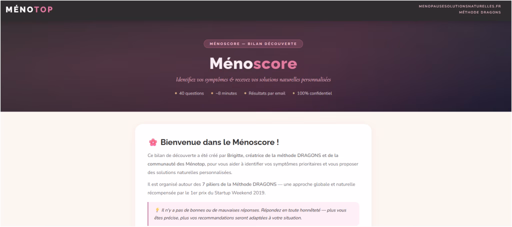 le ménoscore un outils créé par Brigitte L'homme, auteur et créatrice de la méthode DRAGONS 1er prix start up weekend 2019.