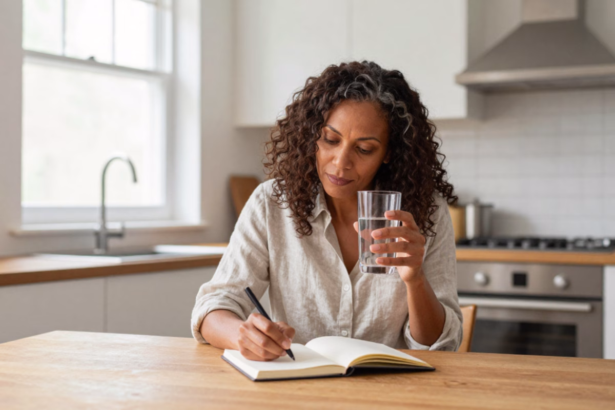 Femme assise à sa table de cuisine notant dans un carnet ses observations sur ses déclencheurs de bouffées de chaleur, un verre d'eau à la main
