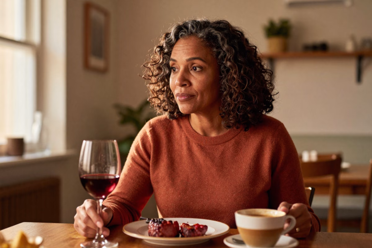 Femme regardant pensivement un verre de vin rouge, un café et de la viande rouge sur une table, des déclencheurs fréquents des bouffées de chaleur à la ménopause