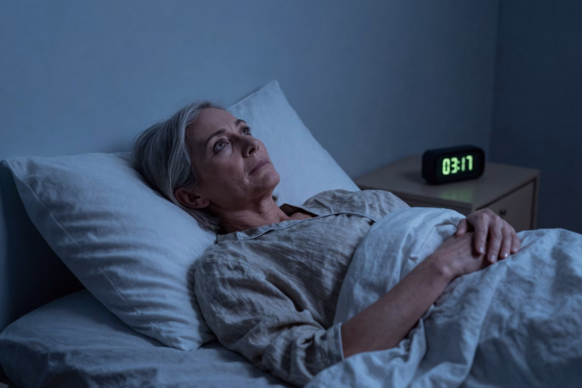 Femme allongée les yeux ouverts en pleine nuit, incapable de se rendormir
