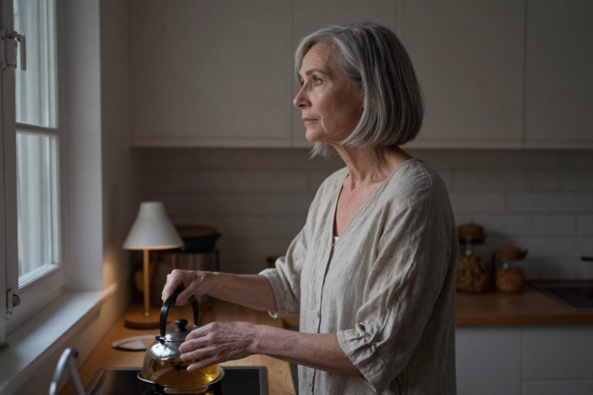 Femme préparant une tisane dans sa cuisine tôt le matin, regard pensif