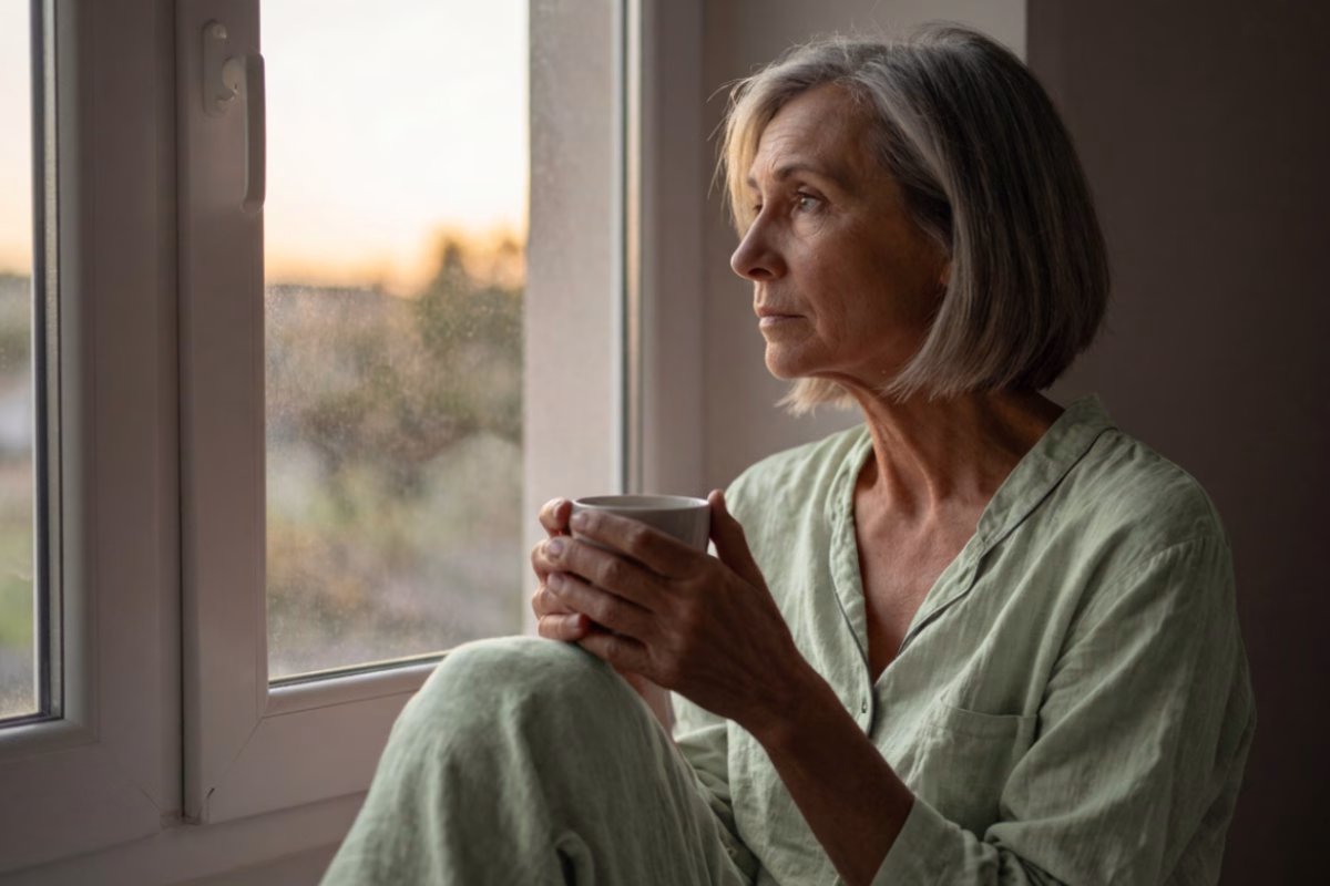 Femme assise près d'une fenêtre à l'aube avec une tasse chaude, instant de répit après une nuit difficile