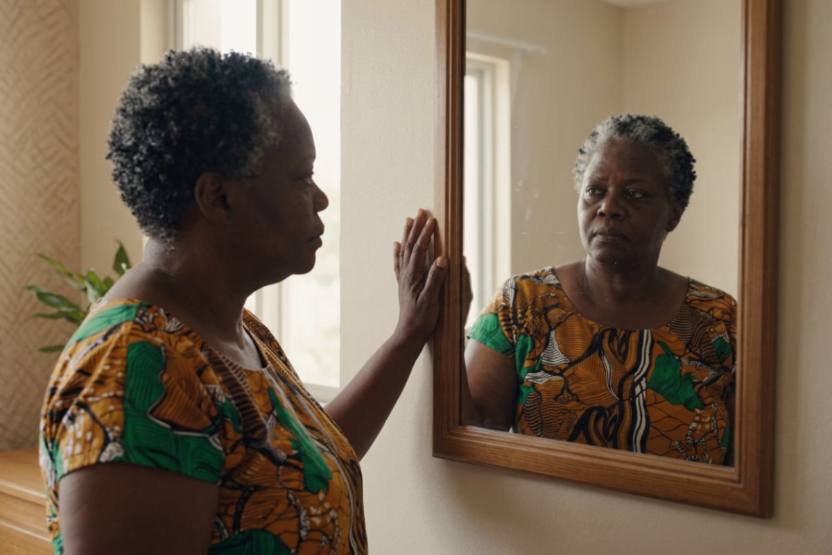 Femme se regardant dans un miroir avec une expression de reconnaissance de soi