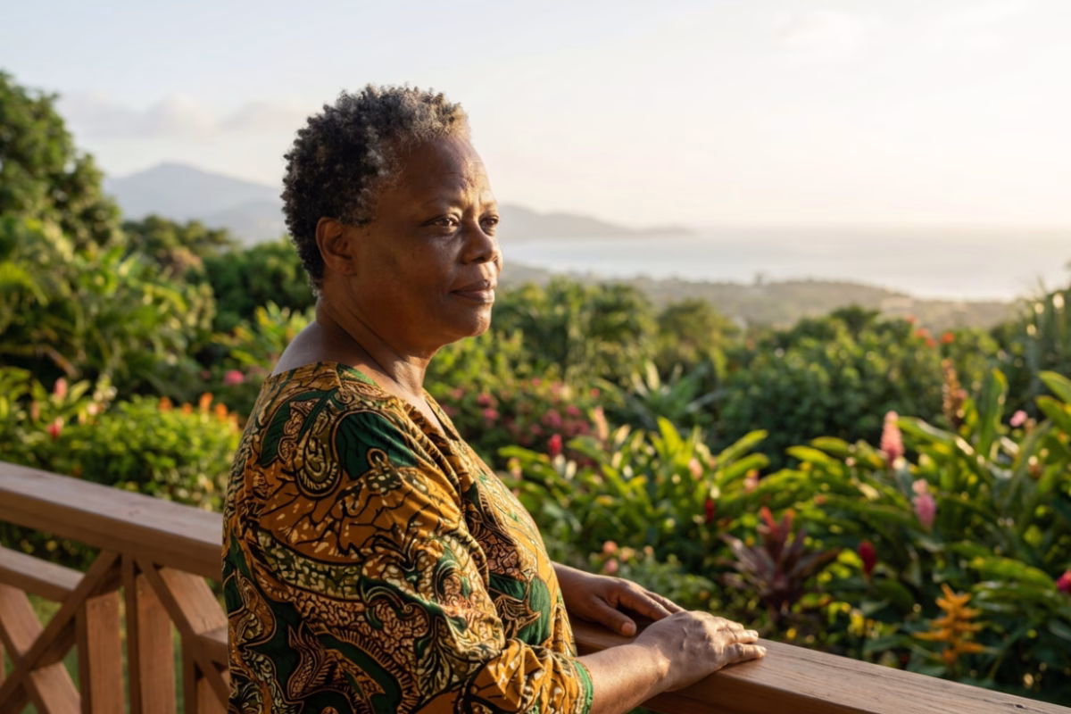 Femme apaisée en extérieur dans un jardin tropical, dans un instant d'acceptation tranquille