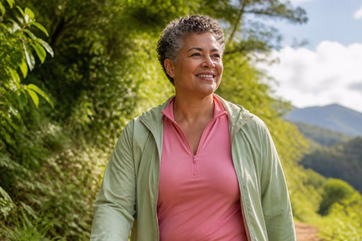 Femme de 52 ans souriante qui marche en pleine nature, le sport pour compenser la baisse des œstrogènes